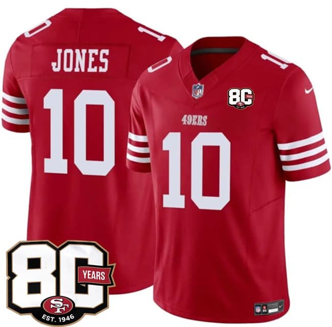 Men's San Francisco 49ers #10 Mac Jones Red 80th Anniversary Patch 2026 F.U.S.E. Vapor Untouchable Limited Football Stitched Jersey