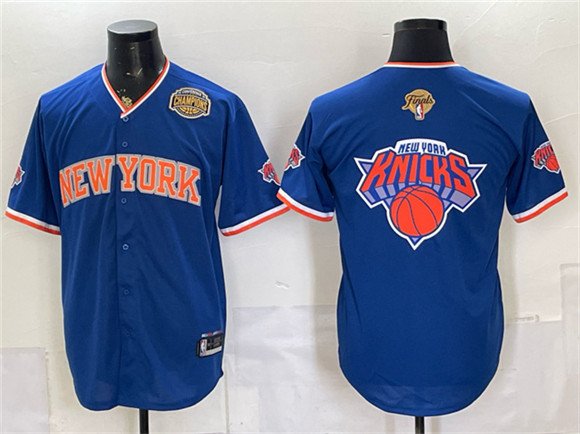 Men's New York Knicks Team Big Logo Royal 2026 Finals & Eastern Conference Champions Patch Stitched Baseball Jersey