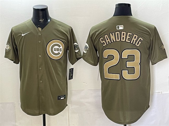 Men's Chicago Cubs #23 Ryne Sandberg Olive 2026 Armed Forces Day Stitched Baseball Jersey