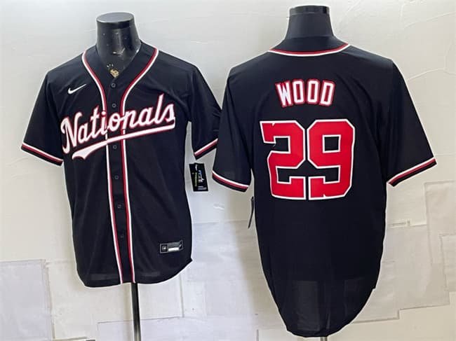 Men's Washington Nationals #29 James Wood 2026 Fashion Replica Black Out Stitched Baseball Jersey