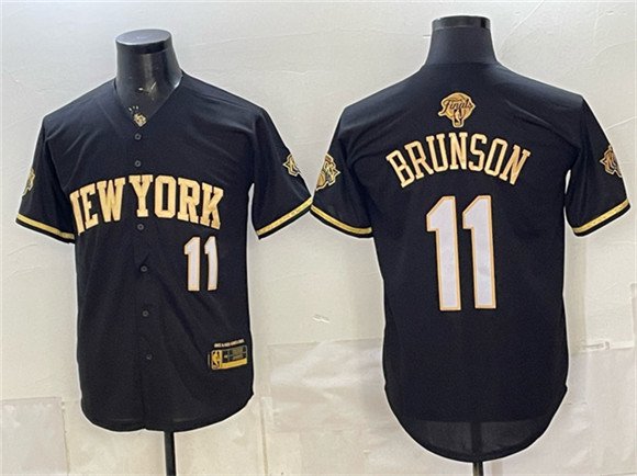 Men's New York Knicks #11 Jalen Brunson Black Gold 2026 Finals Patch Stitched Baseball Jersey