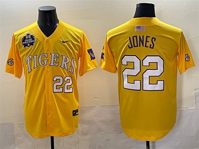 Men's LSU Tigers #22 Jared Jones Gold 2025 World Series & SEC Patch Stitched Baseball Jersey
