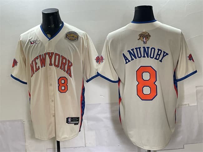 Men's New York Knicks #8 OG Anunoby Cream 2026 Finals & Eastern Conference Champions Patch Stitched Baseball Jersey