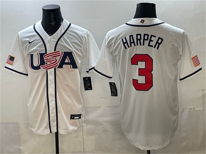 Men's USA Baseball #3 Bryce Harper White 2026 World Baseball Classic Home Stadium Stitched Jersey