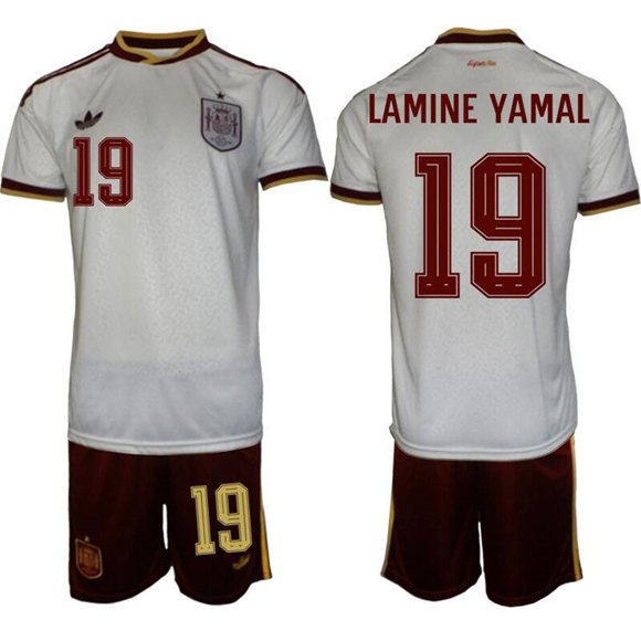 Men's Spain Team #19 Lamine Yamal Scarlet White Soccer Jersey Suit
