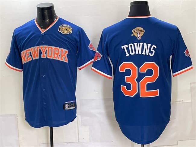 Men's New York Knicks #32 Karl-Anthony Towns Blue 2026 Finals & Eastern Conference Champions Patch Stitched Baseball Jersey