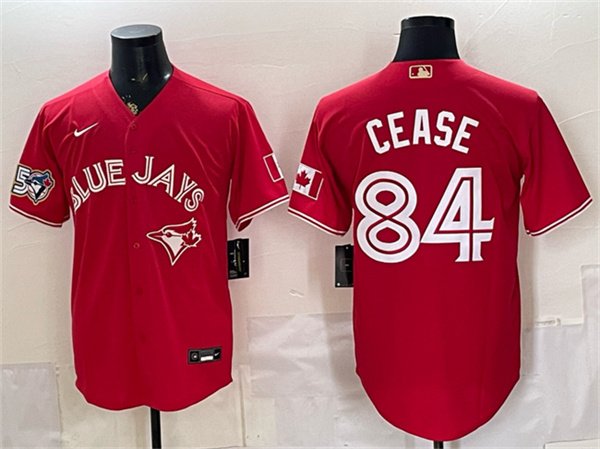 Men's Toronto Blue Jays #84 Dylan Cease Red 50 Seasons Patch Stitched Baseball Jersey