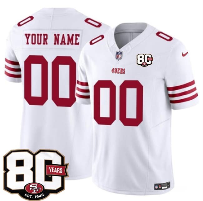 Men's San Francisco 49ers Active Player Custom White 80th Anniversary Patch 2026 F.U.S.E. Vapor Untouchable Limited Football Stitched Jersey