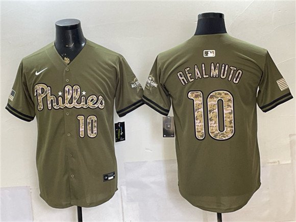 Men's Philadelphia Phillies #10 J.T. Realmuto Olive 2026 Armed Forces Day Stitched Jersey