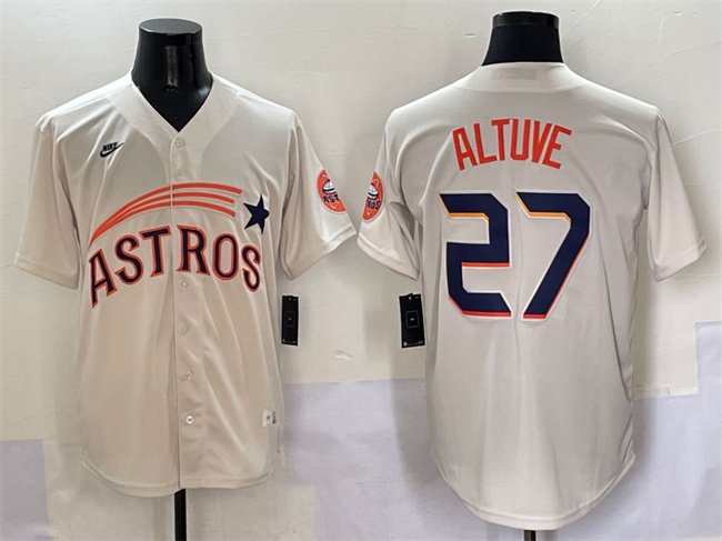 Men's Houston Astros #27 Jose Altuve Cream Throwback Cooperstown Collection Limited Stitched Baseball Jersey