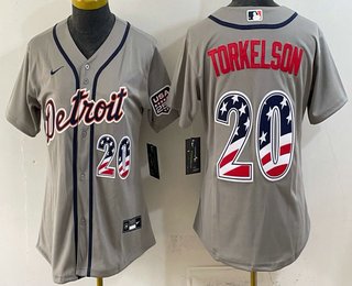 Women's Detroit Tigers #20 Spencer Torkelson Grey 2026 USA 250 Fourth of July Stitched Jersey