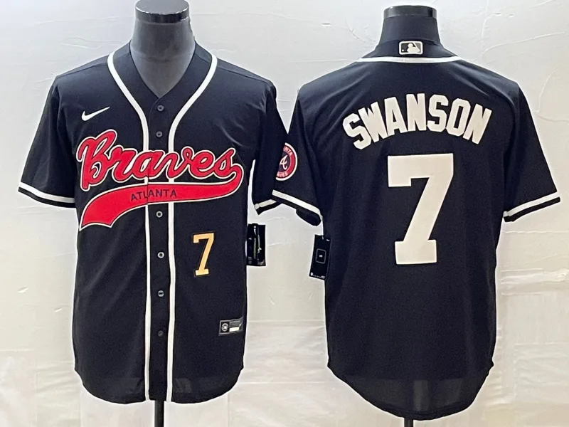 Men's Atlanta Braves #7 Dansby Swanson Number Black Cool Base Stitched Baseball Jersey