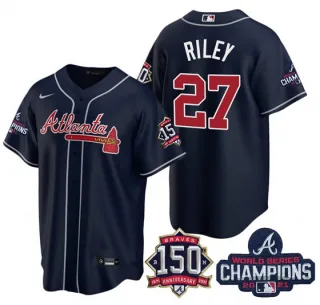 Men's Navy Atlanta Braves #27 Austin Riley 2021 World Series Champions With 150th Anniversary Patch Cool Base Stitched Jersey