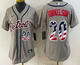 Women's Detroit Tigers #20 Spencer Torkelson Grey 2026 USA 250 Fourth of July Stitched Jersey
