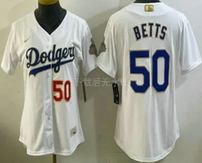 Women's Los Angeles Dodgers #50 Mookie Betts White 2026 Gold Collection Stadium Jersey