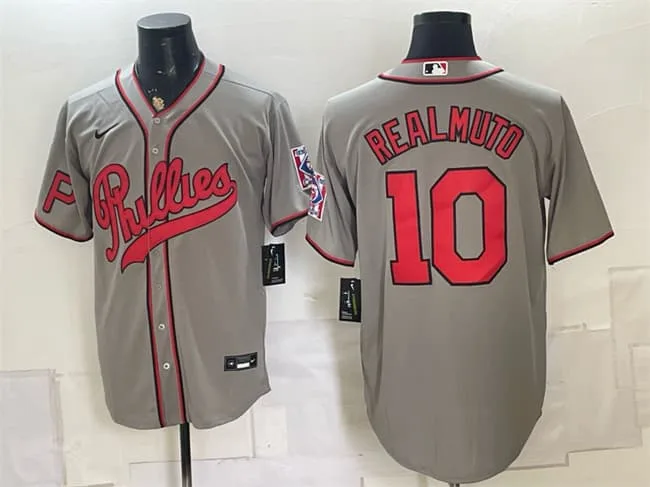 Men's Philadelphia Phillies #10 J.T. Realmuto Gray 2026 Field of Dreams Stadium Stitched Baseball Jersey