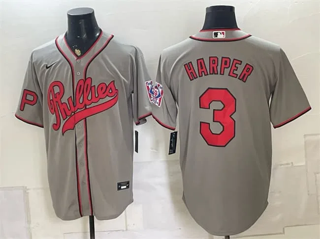 Men's Philadelphia Phillies #3 Bryce Harper Gray 2026 Field of Dreams Stadium Stitched Baseball Jersey