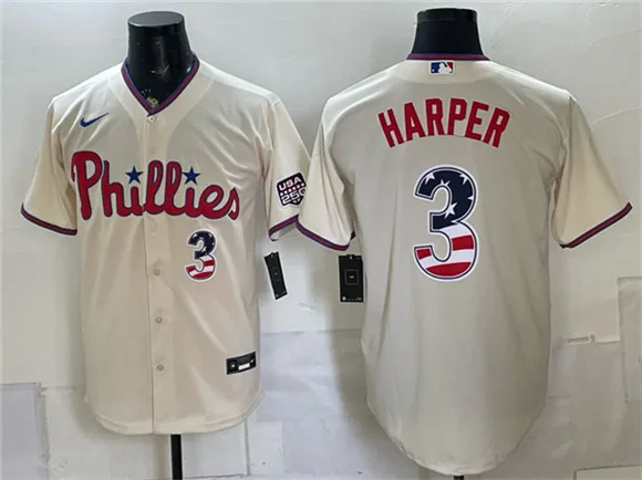 Men's Philadelphia Phillies #3 Bryce Harper Cream USA 250 Fourth of July Home Stitched Baseball Jersey