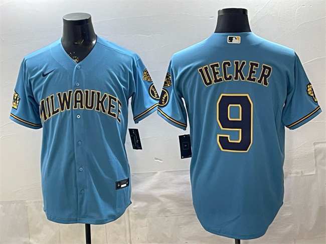 Men's Milwaukee Brewers #9 Bob Uecker Blue With Home & Bob Uecker Patch Stitched Baseball Jersey
