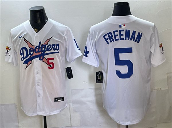 Men's Los Angeles Dodgers x One Piece #5 Freddie Freeman White Vapor Premier Limited Stitched Baseball Jersey