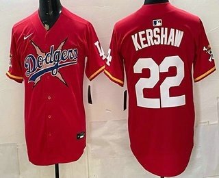 Men's Los Angeles Dodgers x One Piece #22 Clayton Kershaw Red Vapor Premier Limited Stitched Baseball Jersey