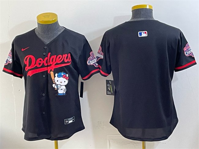 Women's Los Angeles Dodgers Blank Black Hello Kitty Night 2025 World Series Champions Patch Stitched Baseball Jersey(Run Small)