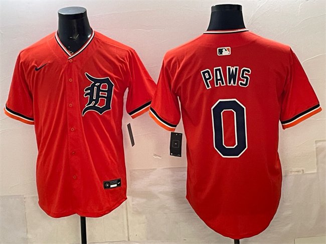 Men's Detroit Tigers #0 Paws Orange Limited Stitched Baseball Jersey