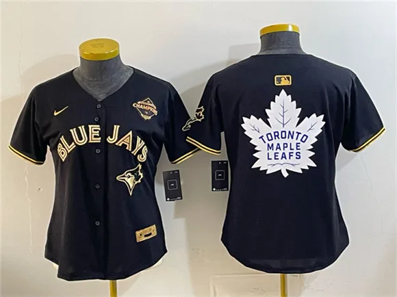 Youth Toronto Blue Jays & Leafs Black Gold 2025 American League Champions With White Leafs Logo Limited Stitched Baseball Jersey