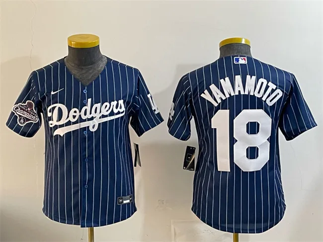 Youth Los Angeles Dodgers #18 Yoshinobu Yamamoto Navy Pinstripe 2025 World Series Champions Patch Cool Base Stitched Baseball Jersey