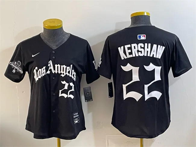 Youth Los Angeles Dodgers #22 Clayton Kershaw Black 2025 World Series Champions LA Gothic Edition Limited Stitched Baseball Jersey