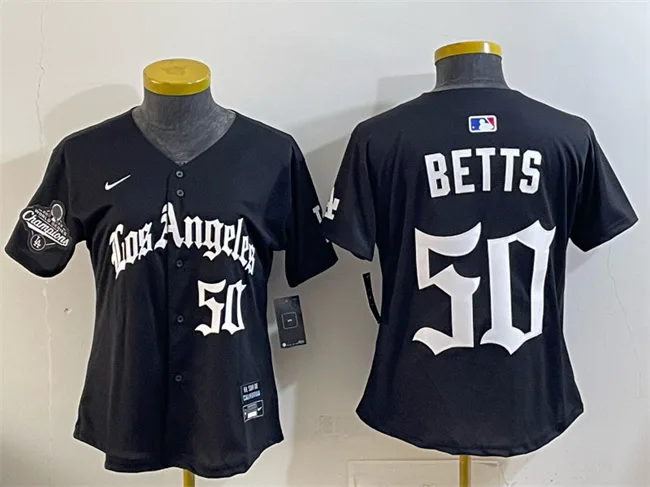 Youth Los Angeles Dodgers #50 Mookie Betts Black 2025 World Series Champions LA Gothic Edition Limited Stitched Baseball Jersey