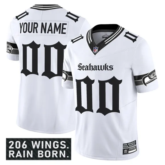 Men's Seattle Seahawks Active Player Custom White 2025 F.U.S.E. 'Gothic Rain City Shadows Edition' Vapor Limited Stitched Jersey