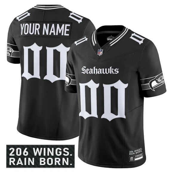 Men's Seattle Seahawks Active Player Custom Black 2025 F.U.S.E. 'Gothic Rain City Shadows Edition' Vapor Limited Stitched Jersey