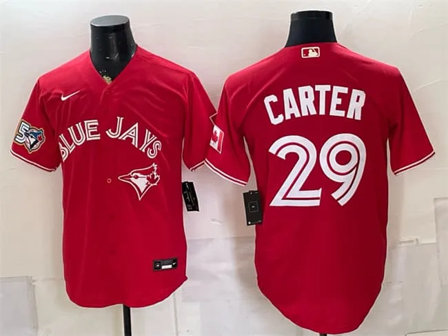 Men's Toronto Blue Jays #29 Joe Carter Red 50 Seasons Patch Stitched Baseball Jersey