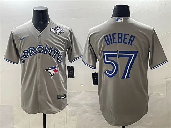 Men's Toronto Blue Jays #57 Shane Bieber Grey 2025 World Series Cool Base Stitched Baseball Jersey