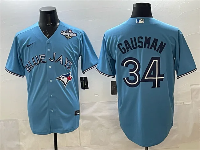 Men's Toronto Blue Jays #34 Kevin Gausman Blue 2025 World Series Cool Base Stitched Baseball Jersey