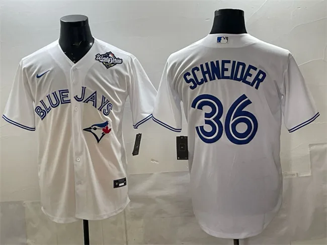 Men's Toronto Blue Jays #36 Davis Schneider White 2025 World Series Home Cool Base Stitched Baseball Jersey