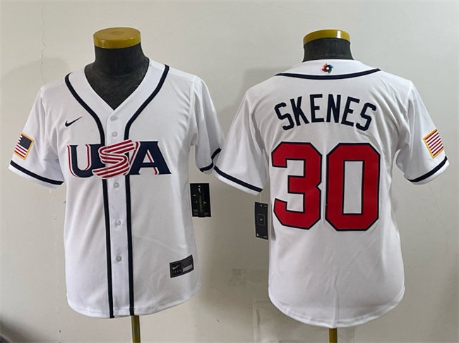 Youth USA Baseball #30 Paul Skenes White 2026 World Baseball Classic Home Stadium Stitched Baseball Jersey