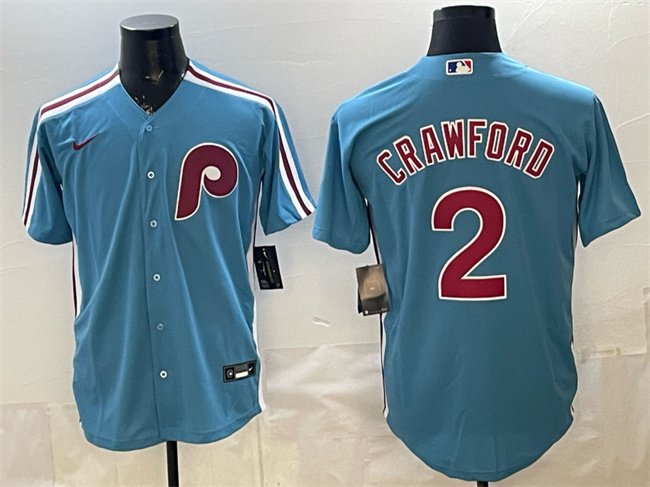 Men's Philadelphia Phillies #2 Justin Crawford Blue Cool Base Stitched Jersey