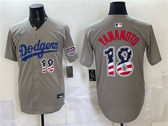Men's Los Angeles Dodgers #18 Yoshinobu Yamamoto Gray USA 250 Fourth of July Stitched Baseball Jersey