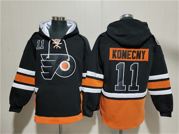 Men's Philadelphia Flyers #11 Travis Konecny Black Ageless Must-Have Lace-Up Pullover Hoodie