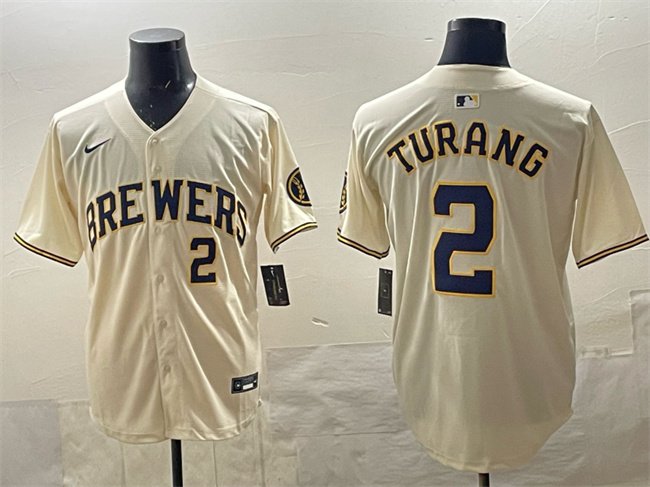Men's Milwaukee Brewers #2 Brice Turang Cream Home Limited Stitched Baseball Jersey