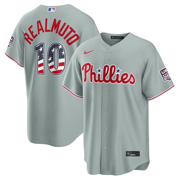Men's Philadelphia Phillies #10 J.T. Realmuto Gray USA 250 Fourth of July Home Stitched Baseball Jersey