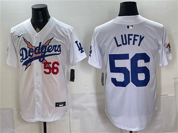 Men's Los Angeles Dodgers x One Piece #56 Luffy White Vapor Premier Limited Stitched Baseball Jersey