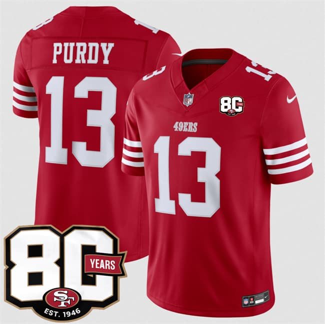 Men's San Francisco 49ers #13 Brock Purdy Red 80th Anniversary Patch 2026 F.U.S.E. Vapor Untouchable Limited Football Stitched Jersey