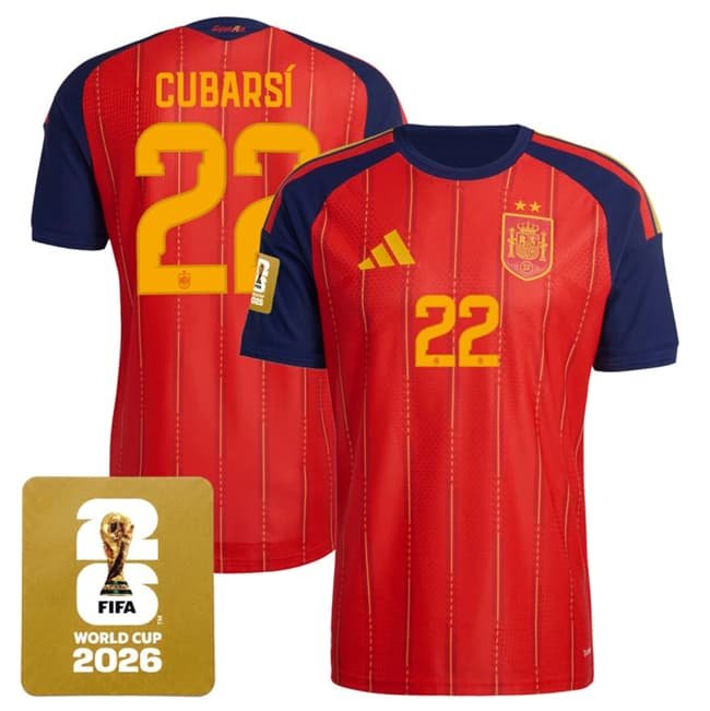 Men's Spain Team #22 Pau Cubarsí Red 2026 World Cup Home Soccer Jersey