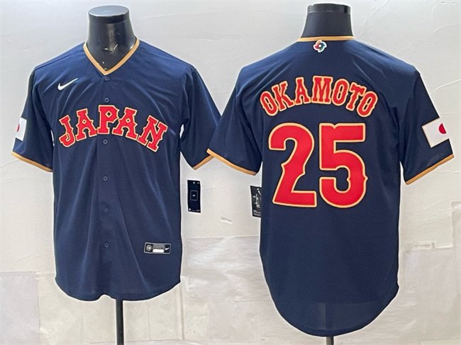 Men's Japan Baseball #25 Kazuma Okamoto Navy 2026 World Baseball Classic Road Stadium Stitched Jersey
