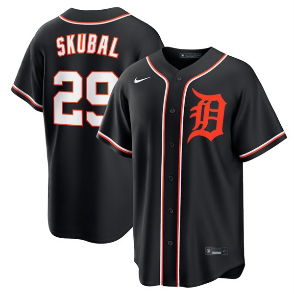 Men's Detroit Tigers #29 Tarik Skubal Black Out Stitched Baseball Jersey