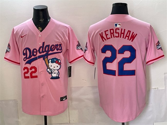 Men's Los Angeles Dodgers #22 Clayton Kershaw Pink Hello Kitty Night 2025 World Series Champions Patch Stitched Baseball Jersey