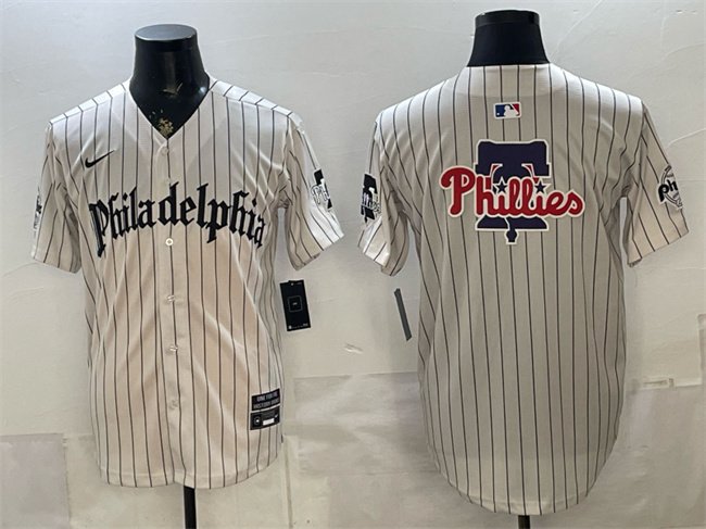 Men's Philadelphia Phillies Team Big Logo Cream Pinstripe Gothic Vapor Limited Stitched Jersey